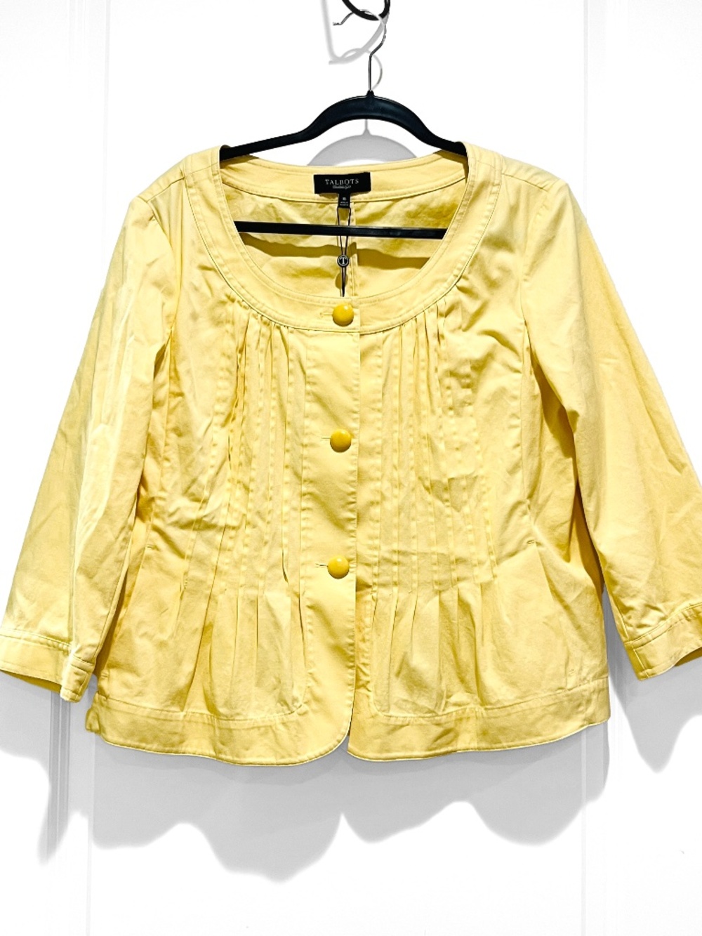 Talbots Yellow 3/4 Sleeve Ruffle Placket sz 16 Jacket Blazer Stretch Career NWT